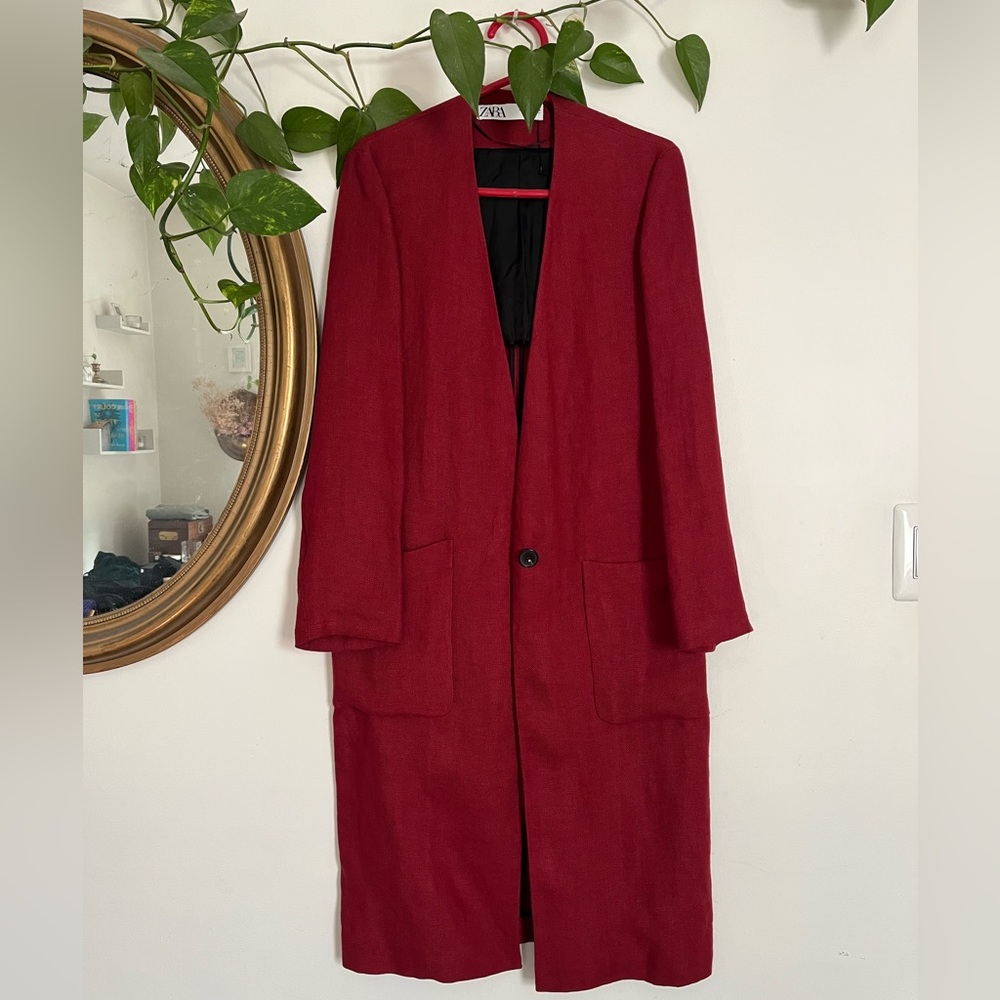 Red Linen Zara Jacket Duster